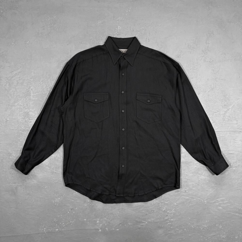Vintage 2000s Structure Urban Wear 100% Silk Black Button Down Shirt Men's M
